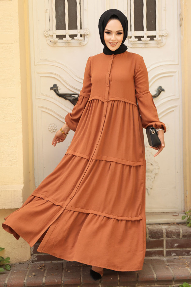 Neva Style - Düğmeli Kiremit Tesettür Elbise 5850KRMT - 1