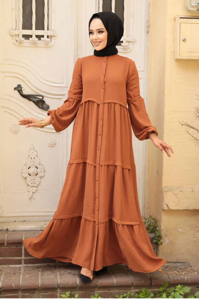 Neva Style - Düğmeli Kiremit Tesettür Elbise 5850KRMT - 3
