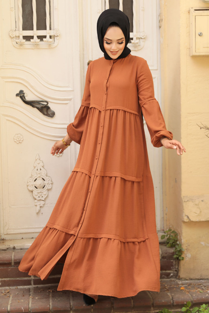 Neva Style - Düğmeli Kiremit Tesettür Elbise 5850KRMT - 4