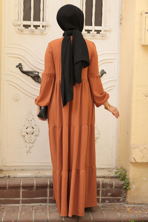 Neva Style - Düğmeli Kiremit Tesettür Elbise 5850KRMT - 5