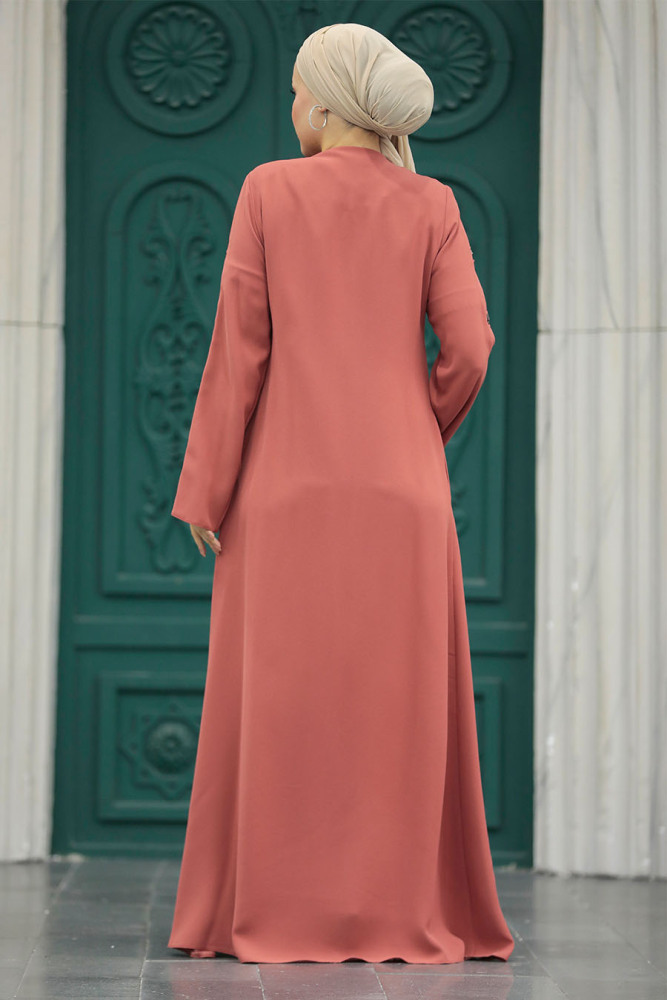Neva Style - Düğmeli Kiremit Tesettür Ferace 20038KRMT - 3