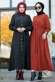 Neva Style - Düğmeli Kiremit Tesettür Fitilli Kadife Elbise 20206KRMT - Thumbnail