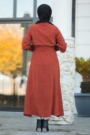 Neva Style - Düğmeli Kiremit Tesettür Fitilli Kadife Elbise 20206KRMT - Thumbnail
