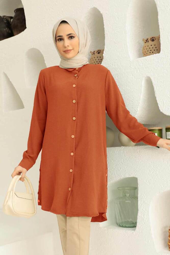 Neva Style - Düğmeli Kiremit Tesettür Tunik 1148KRMT - 1
