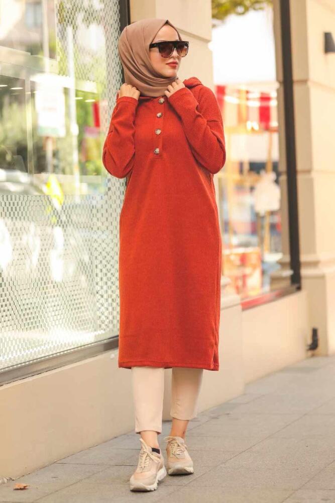 Neva Style - Düğmeli Kiremit Tesettür Triko Tunik 12029KRMT - 1