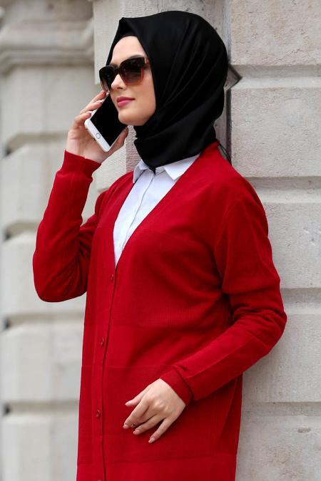 Neva Style - Düğmeli Kırmızı Tesettür Triko Hırka 15033K - 2