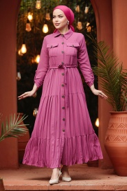 Neva Style - Düğmeli Koyu Gül Kurusu Tesettür Elbise 40971KGK - Thumbnail