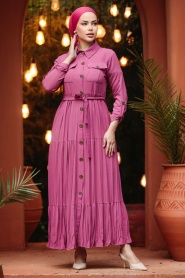 Neva Style - Düğmeli Koyu Gül Kurusu Tesettür Elbise 40971KGK - Thumbnail