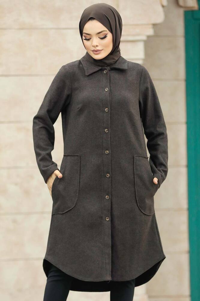Neva Style - Düğmeli Koyu Kahverengi Tesettür Kaşe Tunik 5951KKH - 3