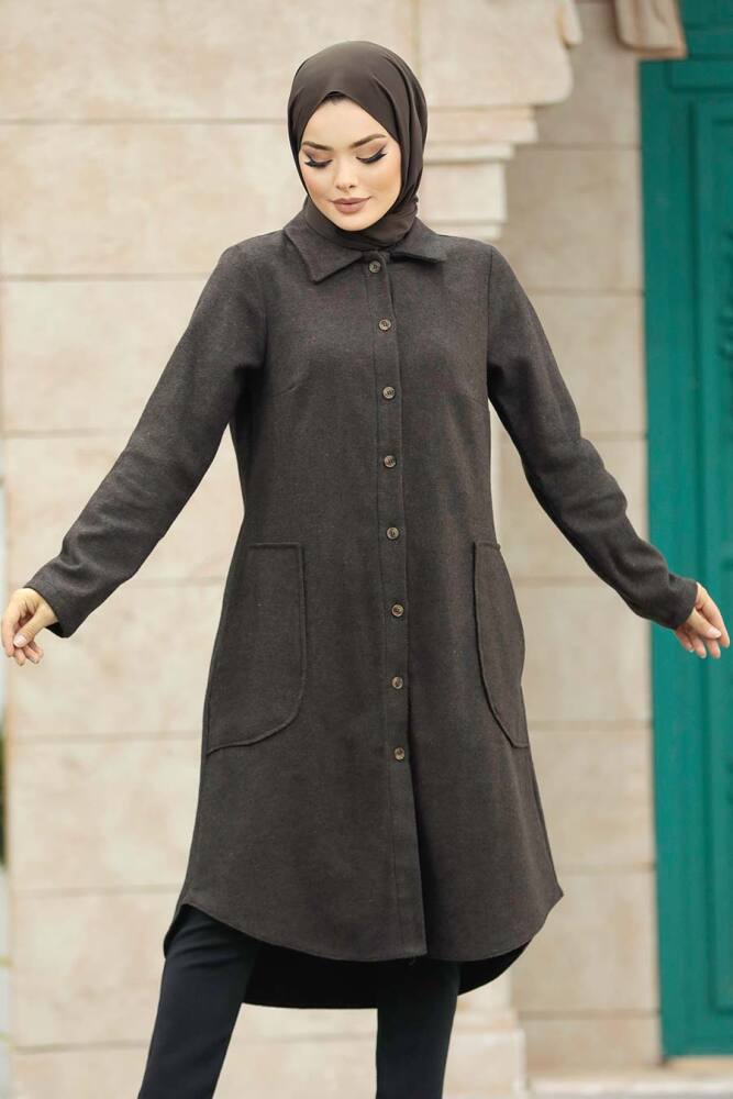Neva Style - Düğmeli Koyu Kahverengi Tesettür Kaşe Tunik 5951KKH - 4