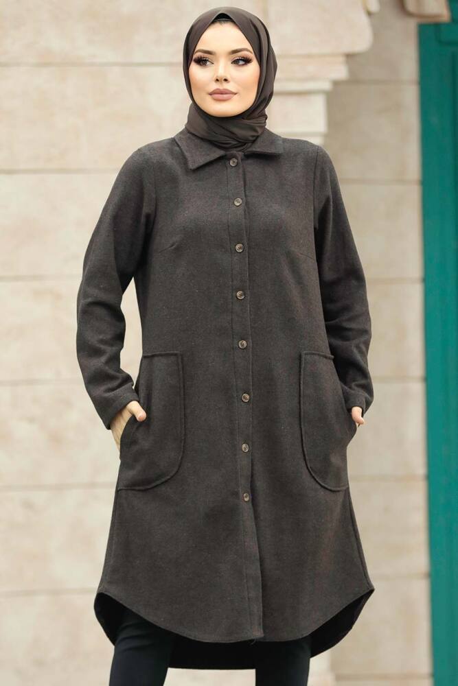 Neva Style - Düğmeli Koyu Kahverengi Tesettür Kaşe Tunik 5951KKH - 2