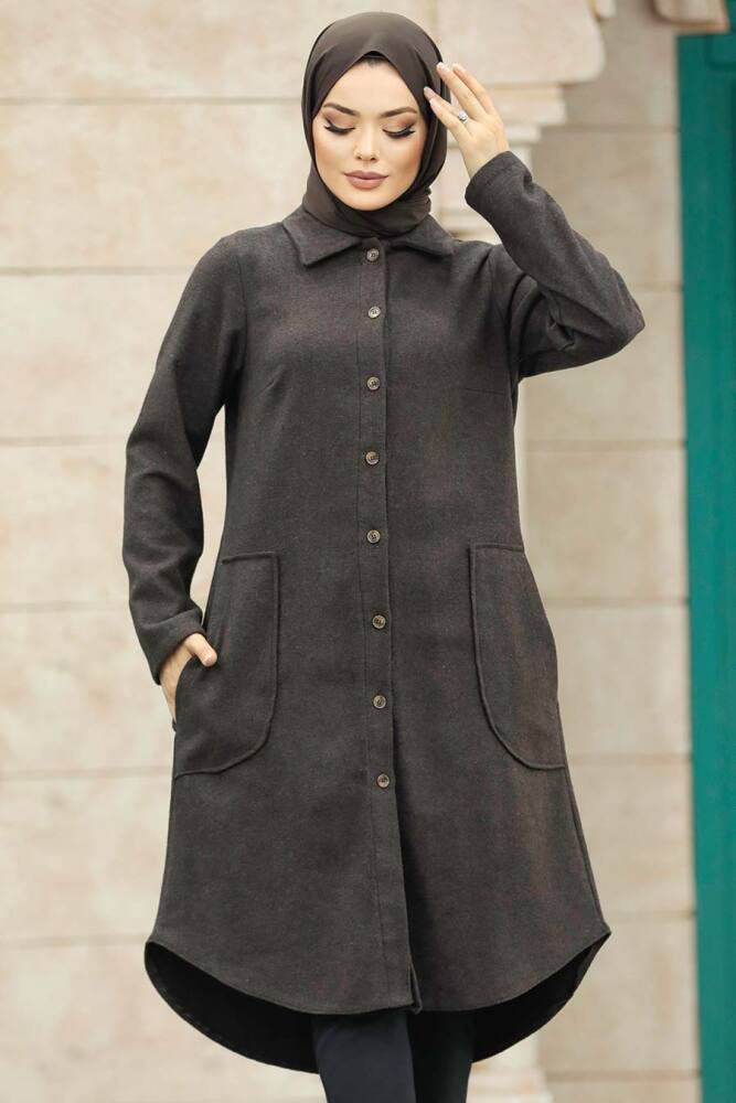 Neva Style - Düğmeli Koyu Kahverengi Tesettür Kaşe Tunik 5951KKH - 1
