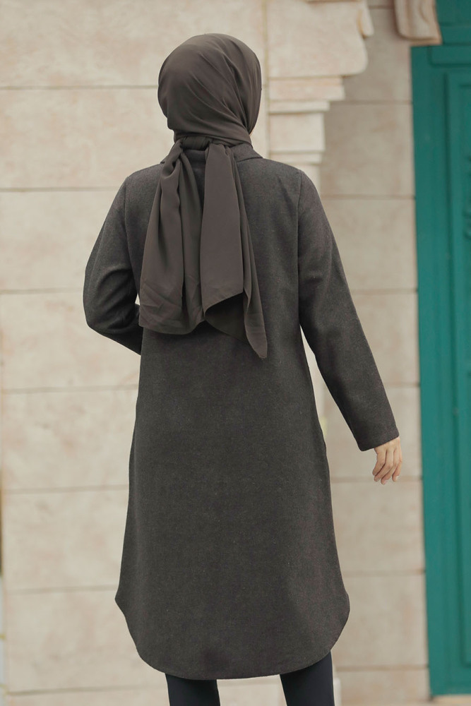 Neva Style - Düğmeli Koyu Kahverengi Tesettür Kaşe Tunik 5951KKH - 5
