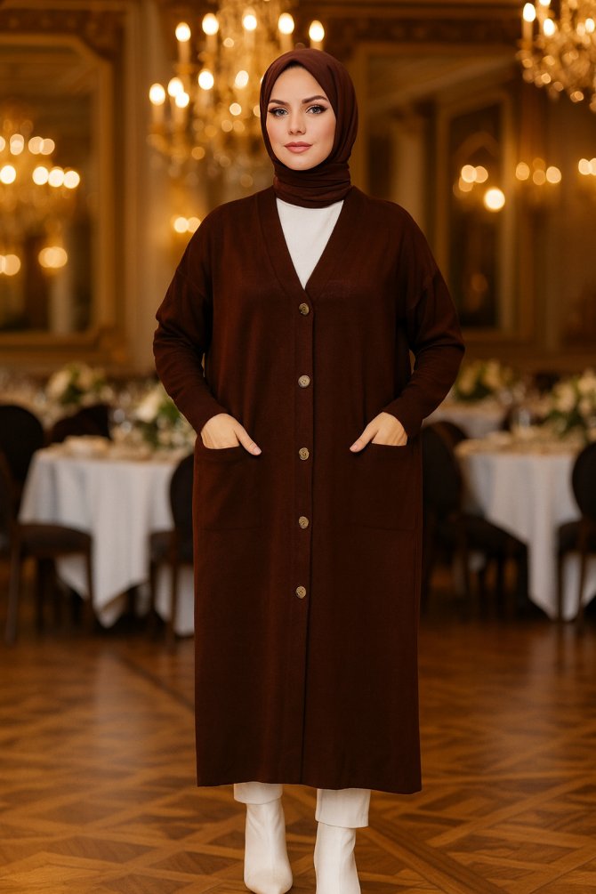  Düğmeli Koyu Kahverengi Tesettür Triko Hırka 33650KKH - NEVA STYLE