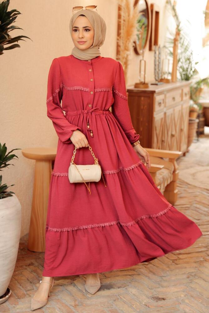 Neva Style - Düğmeli Koyu Mercan Tesettür Elbise 63250KMR - 1