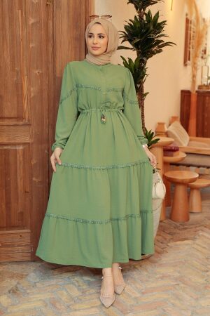 Neva Style - Düğmeli Koyu Mint Tesettür Elbise 63250KMINT 