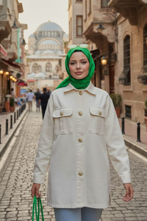  Düğmeli Krem Tesettür Ceket 9255KR - 1