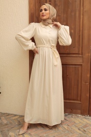 Neva Style - Düğmeli Krem Tesettür Elbise 13390KR - Thumbnail