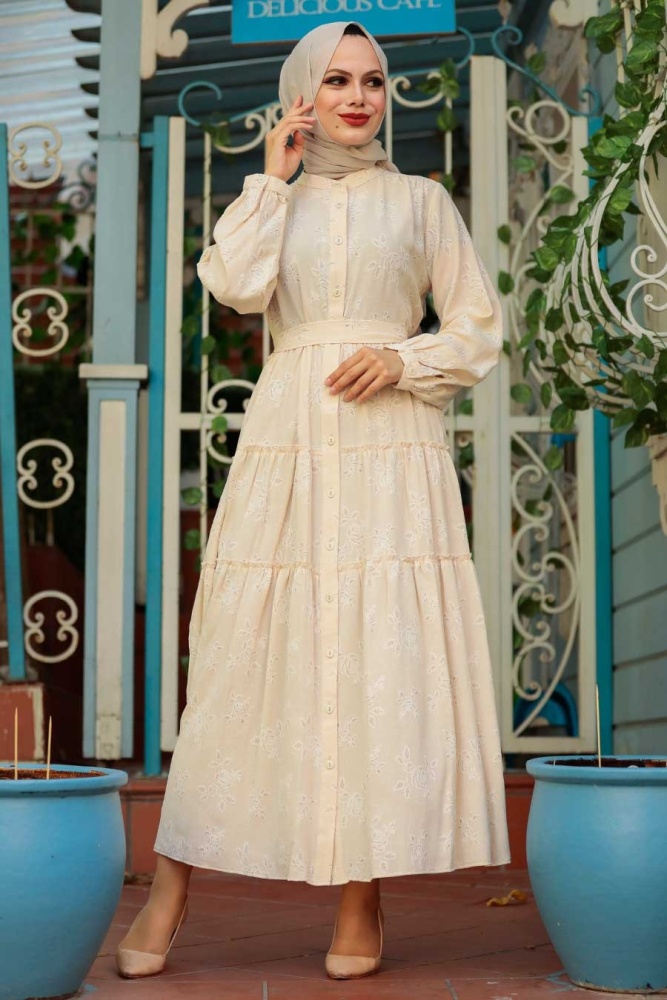  Düğmeli Krem Tesettür Elbise 2284KR - 1