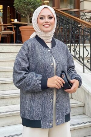  Düğmeli Lacivert Tesettür Bomber Ceket 9263L - NEVA STYLE