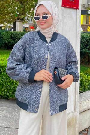 Neva Style - Düğmeli Lacivert Tesettür Bomber Ceket 9263L - NEVA STYLE