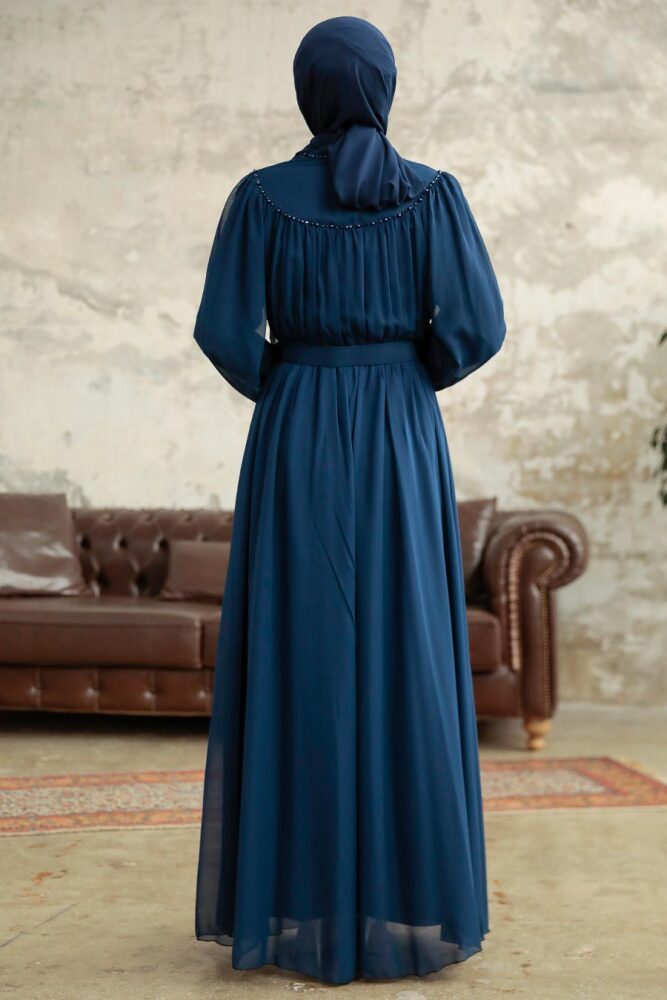  Düğmeli Lacivert Tesettür Elbise 33284L - 3