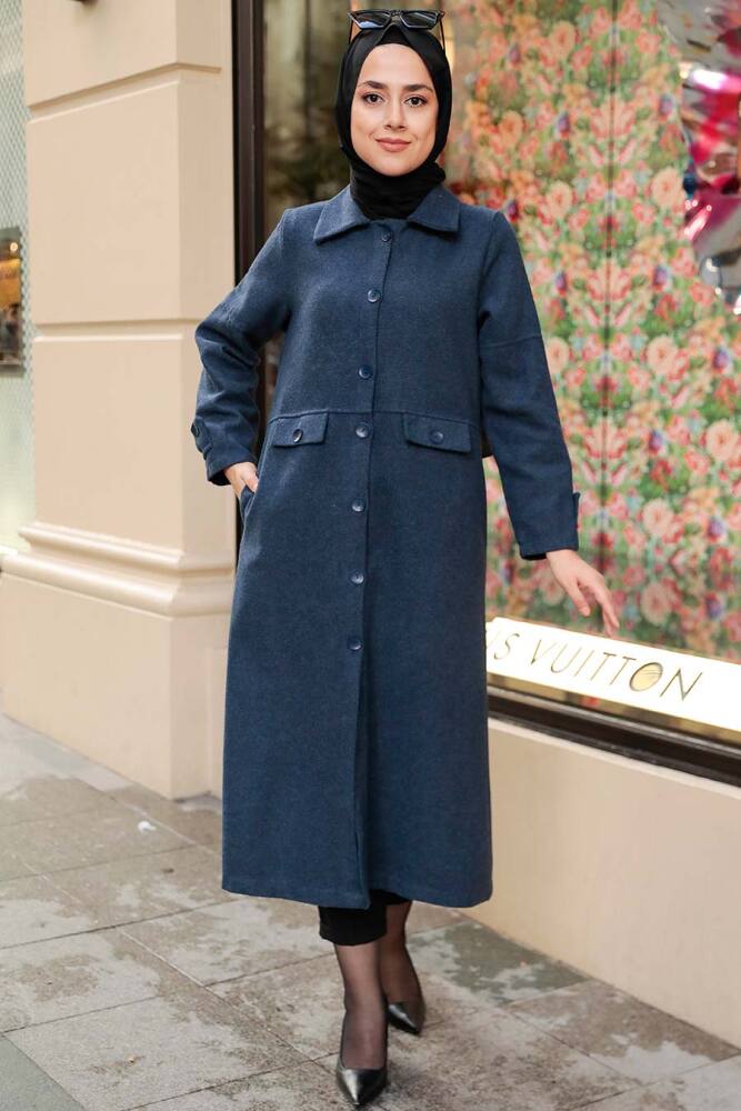 Neva Style - Düğmeli Lacivert Tesettür Kaşe Kap 5808L - 7