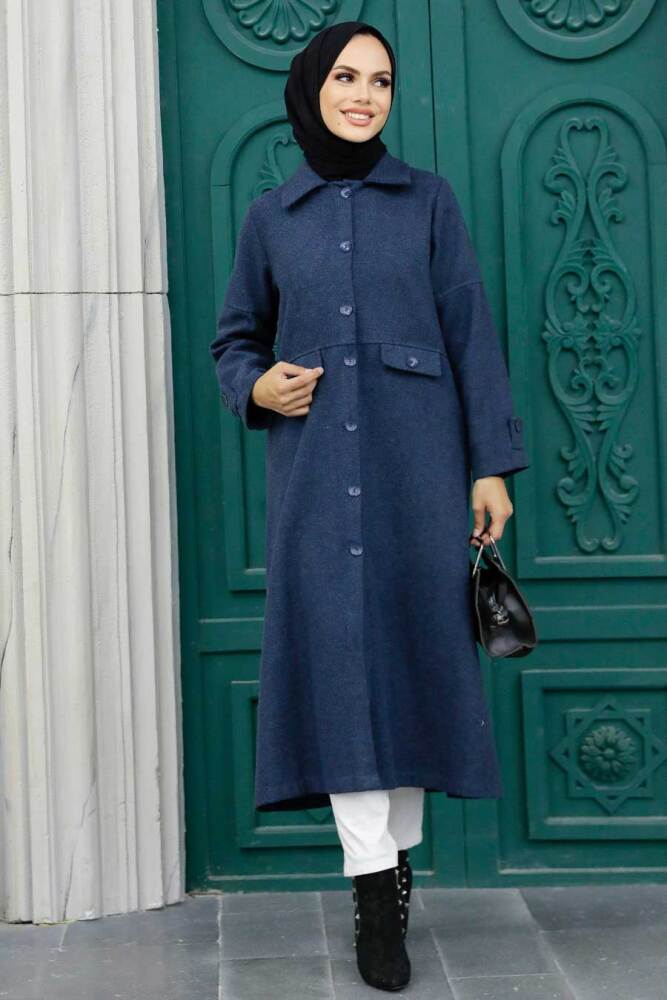Neva Style - Düğmeli Lacivert Tesettür Kaşe Kap 5808L - 2