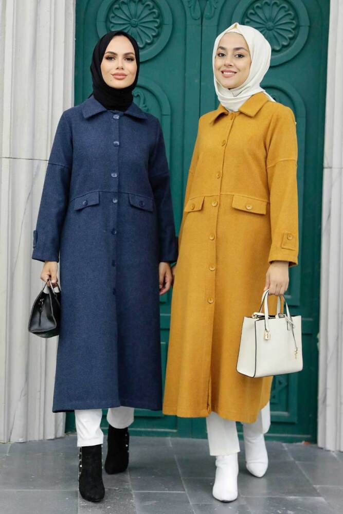 Neva Style - Düğmeli Lacivert Tesettür Kaşe Kap 5808L - 5