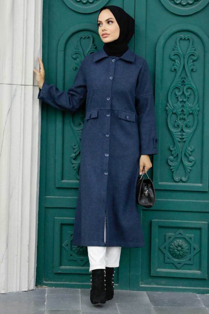 Neva Style - Düğmeli Lacivert Tesettür Kaşe Kap 5808L - NEVA STYLE
