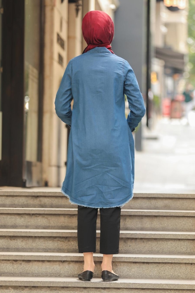  Düğmeli Lacivert Tesettür Kot Tunik 5672L - 3