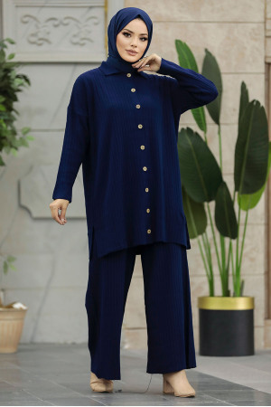 Düğmeli Lacivert Tesettür Triko İkili Takım 33860L - 3