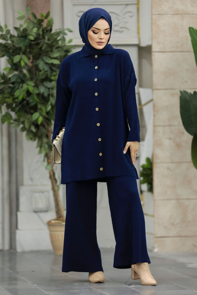  Düğmeli Lacivert Tesettür Triko İkili Takım 33860L - 1