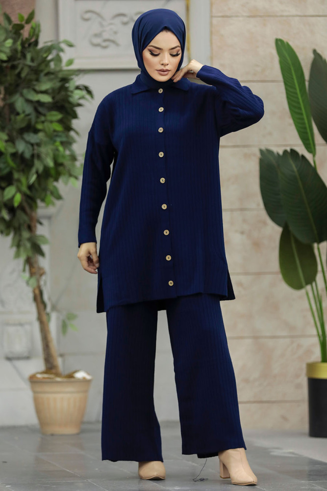  Düğmeli Lacivert Tesettür Triko İkili Takım 33860L - 5