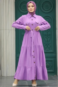 Neva Style - Düğmeli Lila Tesettür Elbise 40971LILA - Thumbnail