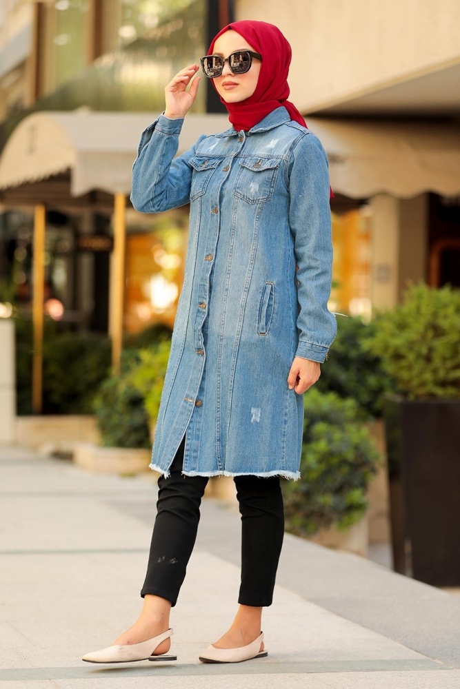 Neva Style - Düğmeli Mavi Tesettür Kot Kap 419M - 1