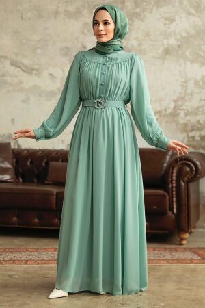 Neva Style - Düğmeli Mint Tesettür Elbise 33284MINT - 1