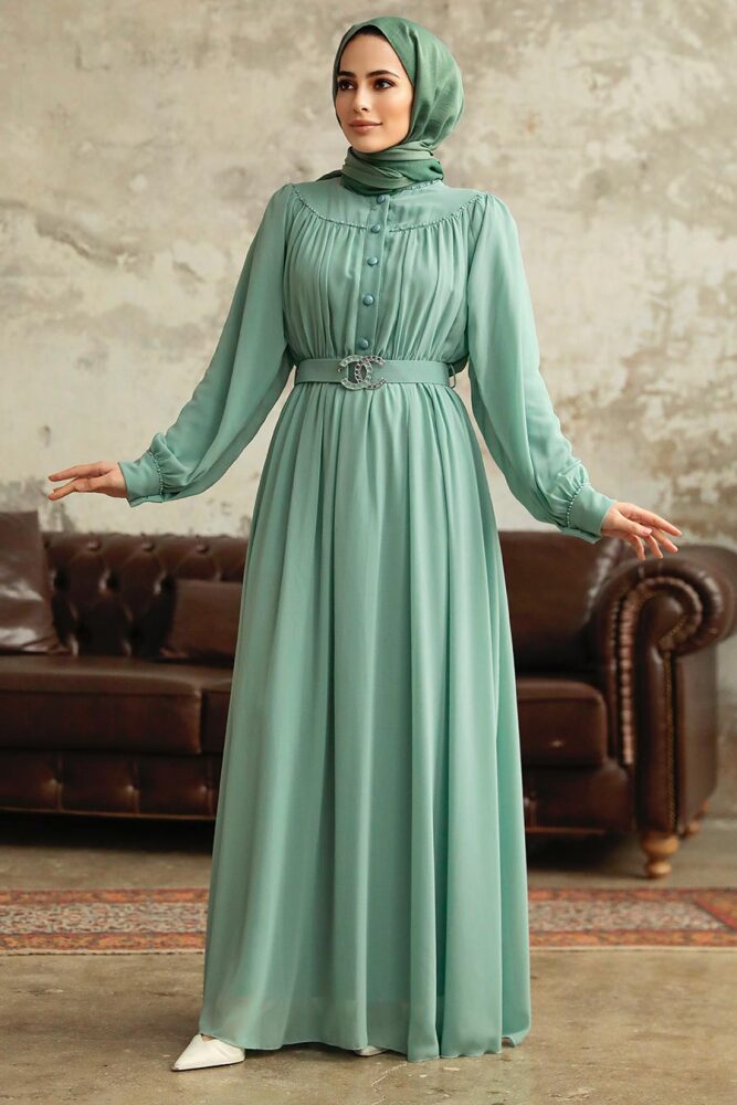 Neva Style - Düğmeli Mint Tesettür Elbise 33284MINT - 1