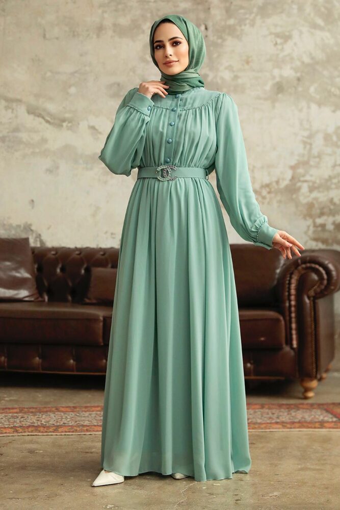 Neva Style - Düğmeli Mint Tesettür Elbise 33284MINT - 2