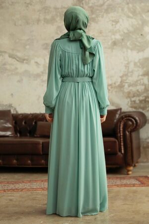 Neva Style - Düğmeli Mint Tesettür Elbise 33284MINT - 3