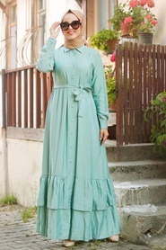 Neva Style - Düğmeli Mint Tesettür Elbise 42820MINT - Thumbnail