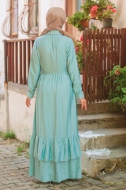 Neva Style - Düğmeli Mint Tesettür Elbise 42820MINT - Thumbnail