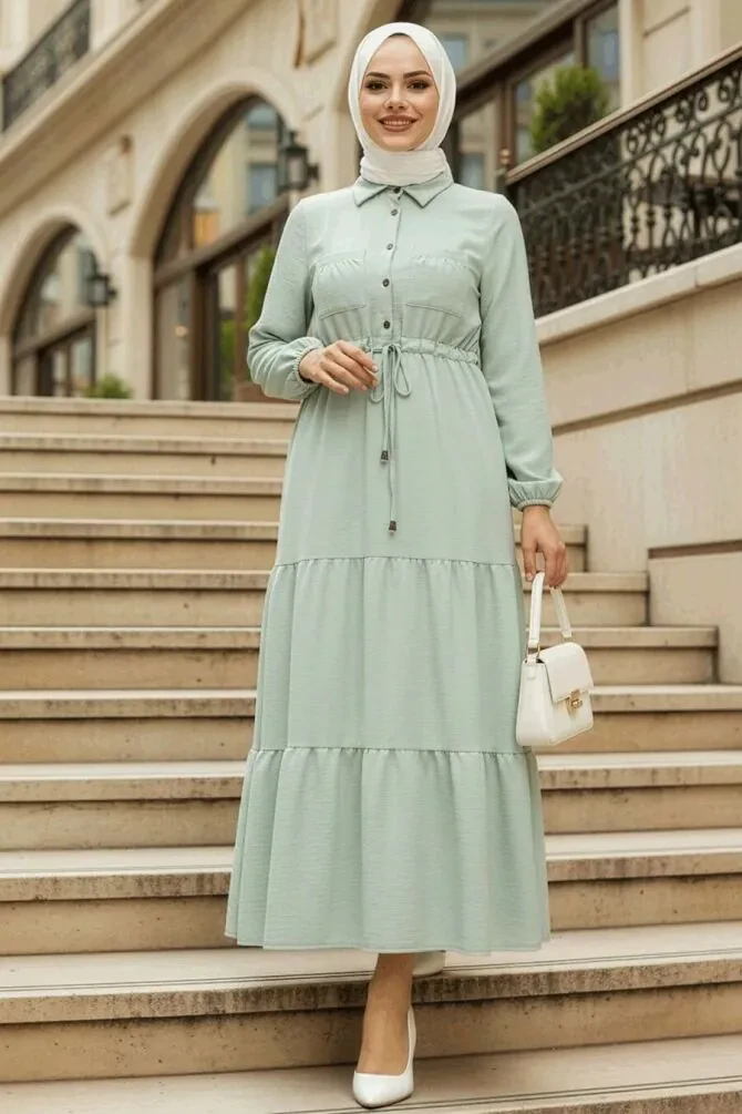 Robe longue et couvrante à boutons – Vert menthe 5720MINT - 1