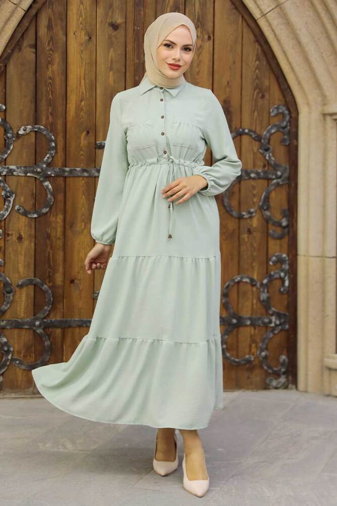 Neva Style - Düğmeli Mint Tesettür Elbise 5720MINT - 1
