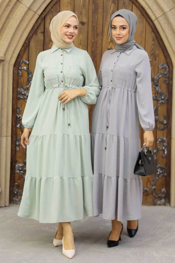 Neva Style - Düğmeli Mint Tesettür Elbise 5720MINT - 4