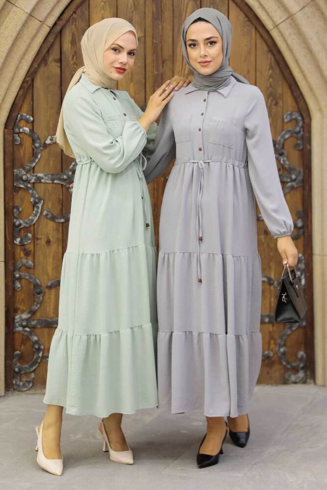 Neva Style - Düğmeli Mint Tesettür Elbise 5720MINT - 5