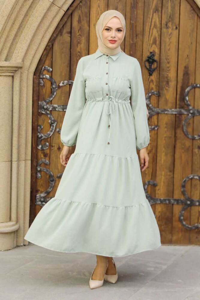 Neva Style - Düğmeli Mint Tesettür Elbise 5720MINT - 2