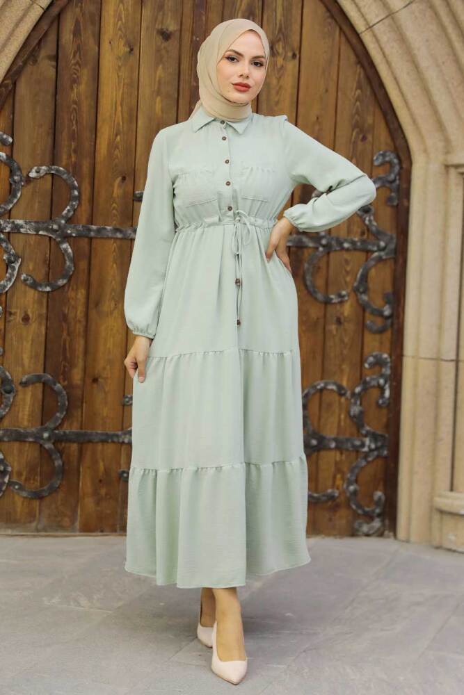Neva Style - Düğmeli Mint Tesettür Elbise 5720MINT - 3