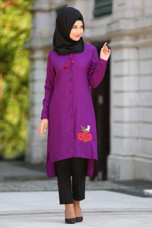 Neva Style - Düğmeli Mor Tesettür Tunik 52260MOR - 1