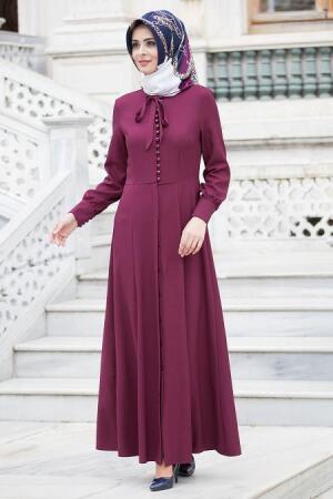 Neva Style - Düğmeli Mürdüm Elbise - 1